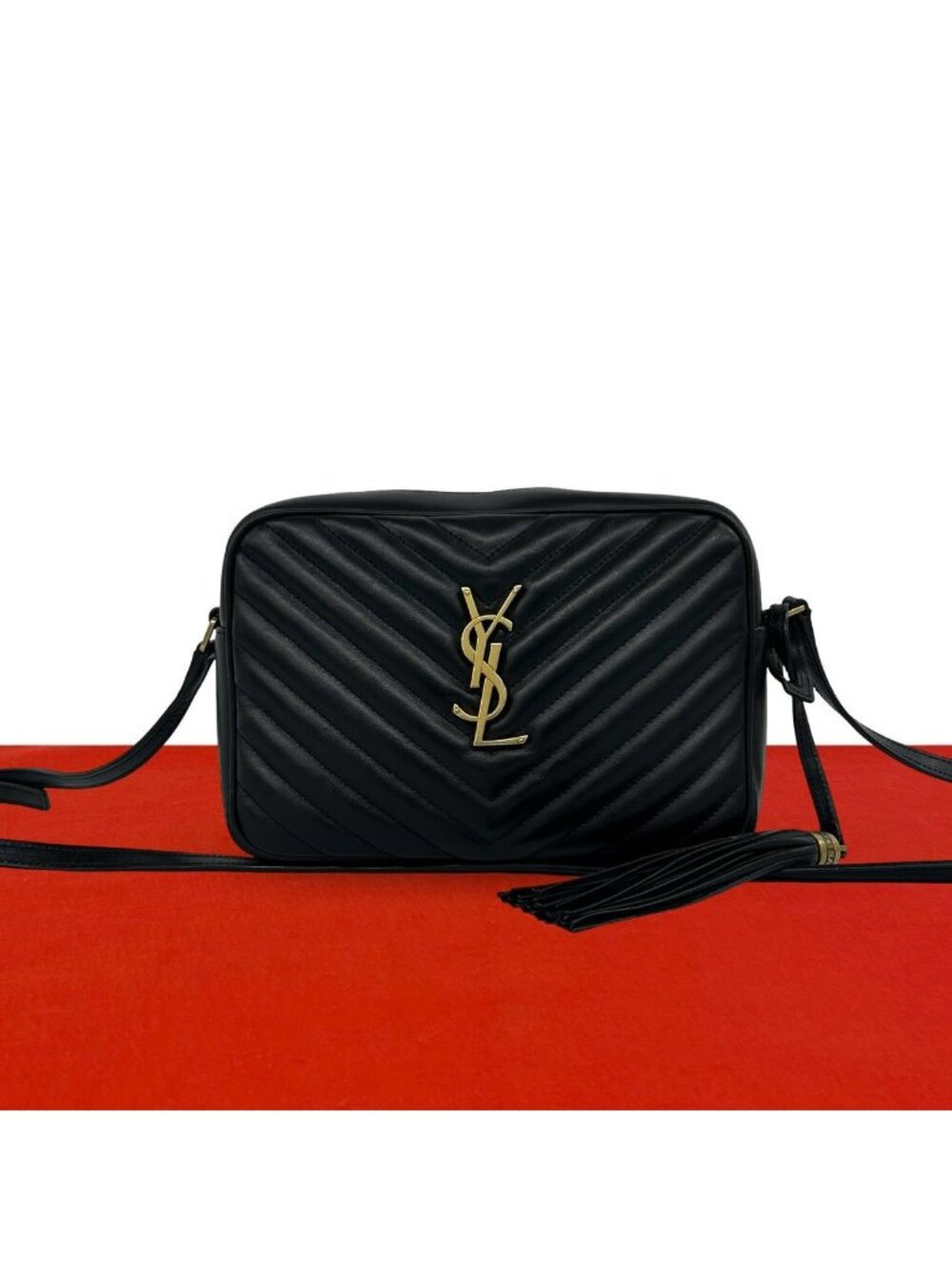 Saint Laurent Paris YSL Logo Leather Tassel Chain Shoulder Bag Black